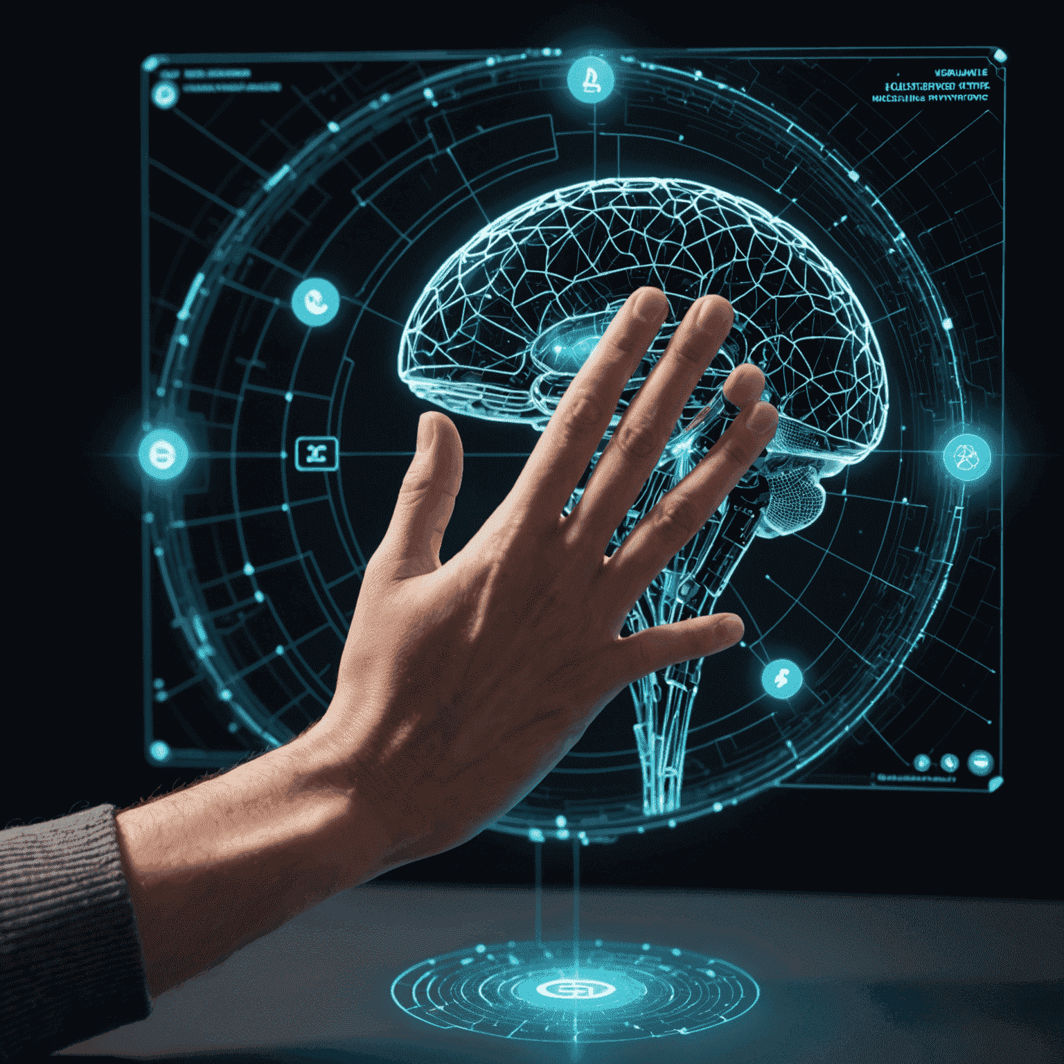 Rappresentazione visiva di un'interfaccia di intelligenza artificiale con elementi olografici e una mano umana che interagisce con uno schermo virtuale