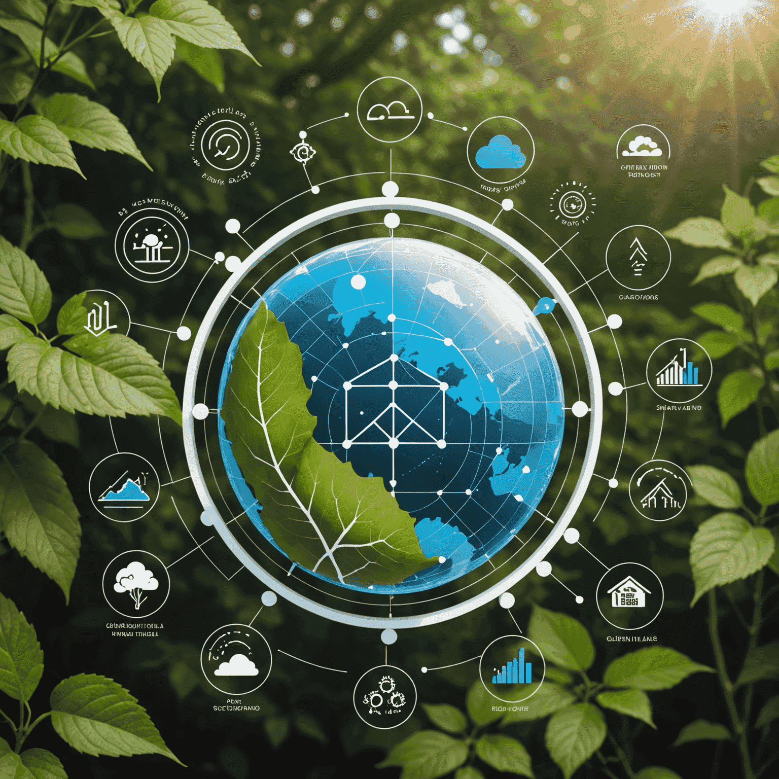 Un'immagine che mostra grafici e dati climatici elaborati da algoritmi di machine learning, con icone di sostenibilità.