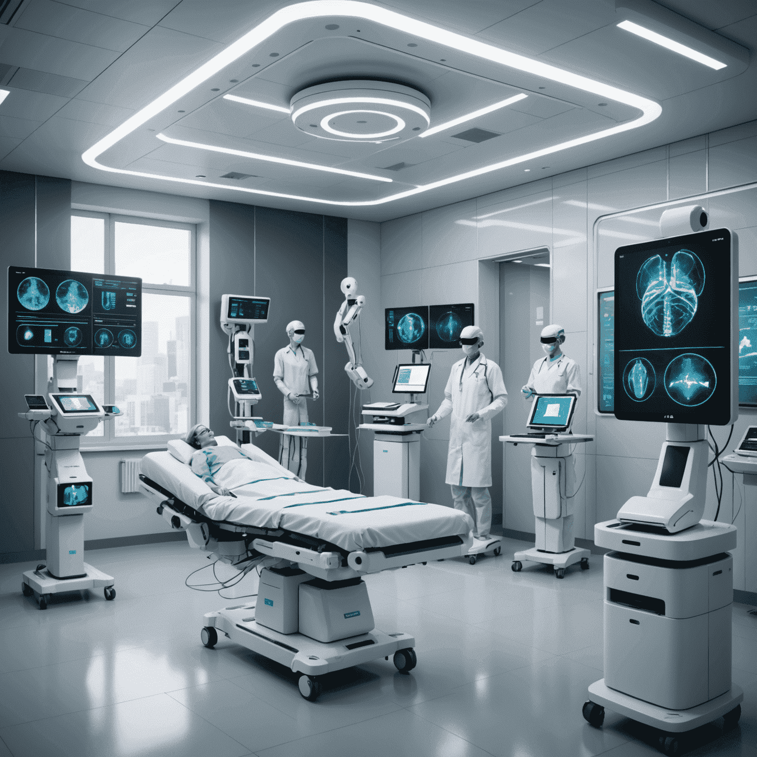 Un'immagine futuristica di un ospedale con robot medici e schermi olografici che mostrano dati dei pazienti.