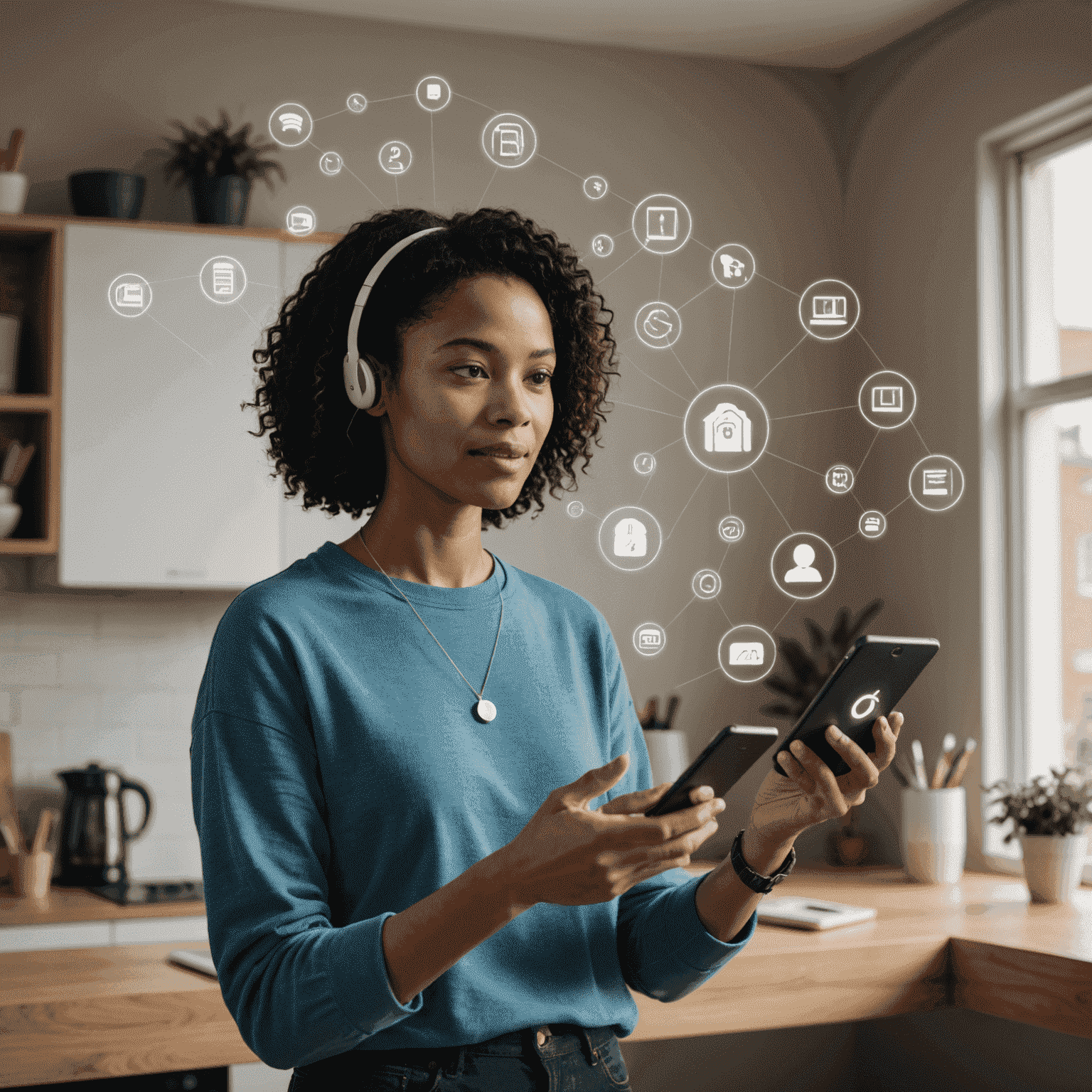 Un'immagine che mostra una persona che interagisce con vari dispositivi intelligenti attraverso gesti e comandi vocali.